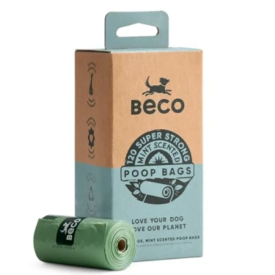 Image of Beco Strong &amp; Large Poop Bags 120 (8 Rolls of 15) Mint Scented Dispenser Compatible Dog Poo