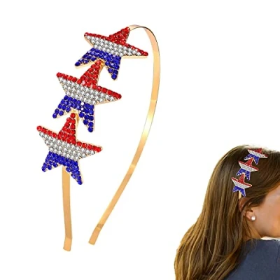 Image of REYIN CHHN 4th of July Headband Patriotic Headbands, American Flag Star Headband, Independence Day Rhinestone Red White Blue Hairband for Women