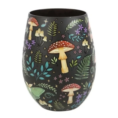 Image of Something Different Wholesale Dark Forest Print Stemless Wine Glass: Celestial Wonderland Design Whimsical Toadstools and Luna Moths Unique Distinctive Home Décor Piece