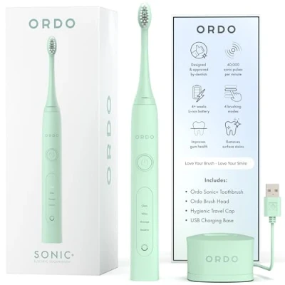 Image of Ordo Sonic+ Electric Toothbrush for Adults, Advanced Smart Tech, 4 Brushing Modes, Fast Rechargeable Sonic Toothbrush, 4+ Weeks Battery Life, Silicone Polishing Element, USB Charger, Mint Green
