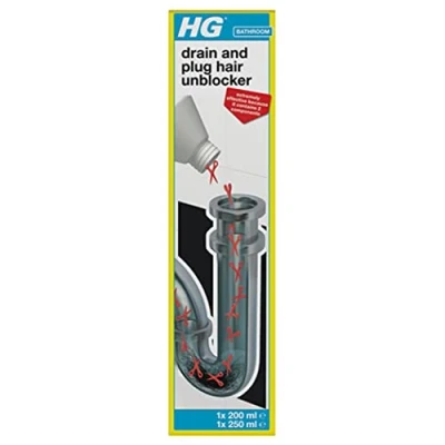 Image of HG Drain and Plug Hair Unblocker, Removes from Showers, Baths, Sinks &amp; Holes, Unblocks Blocked Bathroom Pipes Drains Quickly Easily (200 ml + 250 ml) 667045106