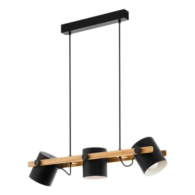 Image of Eglo Pendant Lighting Hornwood, 3 Light Vintage Hanging lamp in Industrial Design, Retro Ceiling Made of Black Metal and Natural Wood, FSC Certified, E27