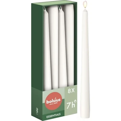 Image of Bolsius Tapered Candles White 8 Pack 24.5 cm Decorative Household Burning Time of 7 Hours Unscented Includes Natural Vegan Wax Without Palm Oil
