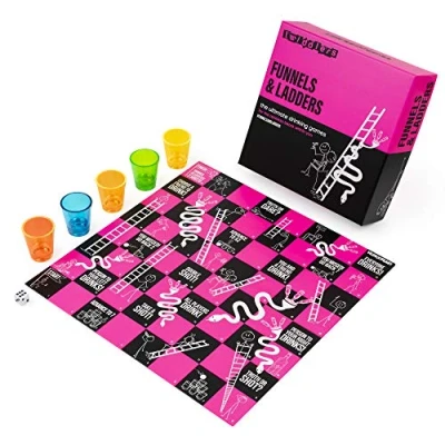 Image of THE TWIDDLERS Funnels and Ladders Drinking Board Game for Parties Snakes with 5 Shot Glasses, Pre Drinks Set Students, Games Adults Party, Friends Birthdays