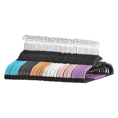 Image of Amazon Basics Space Saving Non Slip Plastic Hangers with 10 Finger Clips, 6 Colours (60 Pack)