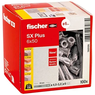 Image of fischer 568106 SX Plus Expansion Wall Plug, 6mm x 50mm, Pack of 100