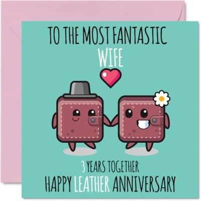 Image of Cute Leather Anniversary Card for Wife 3 Years Together Happy 3rd Wedding Cards from Husband, 145mm x Greeting Third Anniversaries