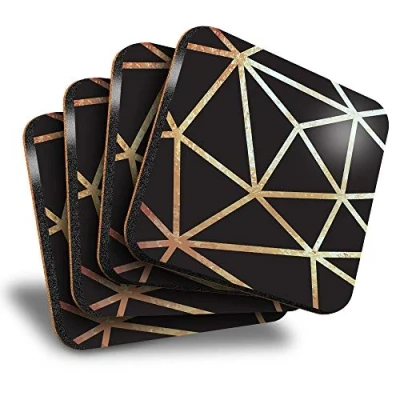 Image of Destination Vinyl ltd Great Coasters (Set of 4) Square Black &amp; Gold Abstract Art Deco Drink Glossy Coasters/Tabletop Protection for Any Table Type #21228