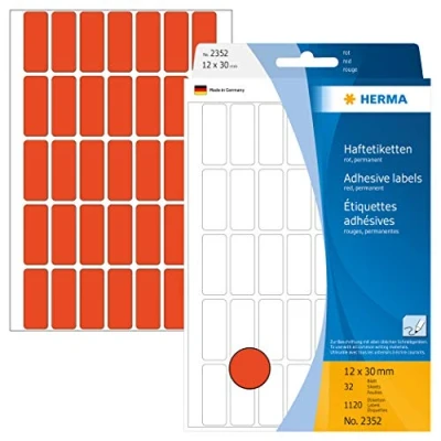 Image of HERMA Multi Purpose Labels, 35 Labels per Sheet, 32 Sheets, 12 x 30 mm, 1120 Self Adhesive Small Stickers, Blank Sticky for Office Kitchen Home, Red