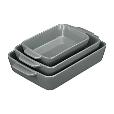 Image of Relaxdays Set of Casserole Dishes in 3 Sizes, Rectangular, for Lasagna, Roast, Tiramisu, Ceramic Oven Form, Grey