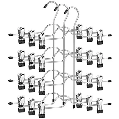 Image of SONGMICS Trouser Hanger with Clips, Set of 3, 4 Tiers, 8 Removable Non Slip for Skirts, Jeans, Towels, Shorts, Length 32 cm, Silver and Black CRI042BK
