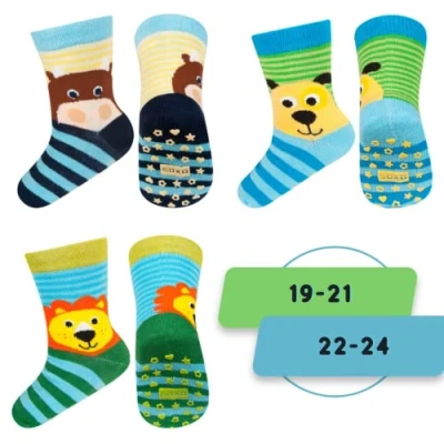Image of soxo Grip Socks Kids Baby Slipper Anti Slip Toddler Non Boys Sock 3 Pairs 12 36 Months Lion Cow Dog Pieces