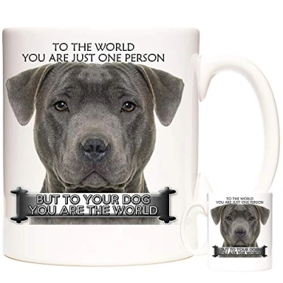 Image of Blue Staffordshire Bull Terrier Dog Ceramic Gift Mug, Staffy to Your You are The World. 11oz Mug for Fans