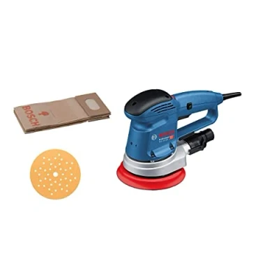 Image of Bosch Professional GEX 34 150 random orbital sander (including mm diameter sanding pad, C470 sheet for wood, extraction adapter, paper dust bag, in carton)