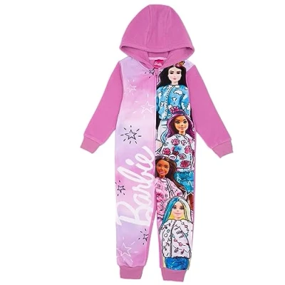 Image of Barbie Girls Onesie Pink Sketch Doll Hooded All in One Sleepsuit Pyjamas for Kids Colourful Character Bodysuit PJs Fashion Classic Logo Pyjama Loungewear Gift Children