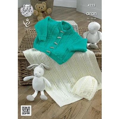 Image of King Cole 4223 Knitting Pattern Leaflet Baby Cardigan, Hat and Blanket to Knit in Comfort Aran