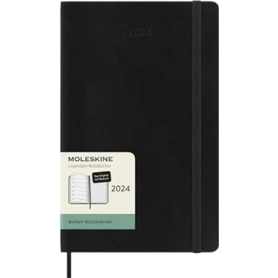 Image of Moleskine Weekly Agenda with Space for Notes 12 Months 2024, Size Large 13x21, Soft Cover and Elastic Closure, Colour Black, in German Language