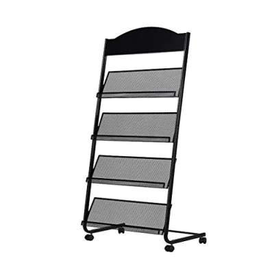 Image of Magazine Rack Literature Holder with Wheels, Floor Office Display Stand 4 Pockets, Brochure Stand, Black