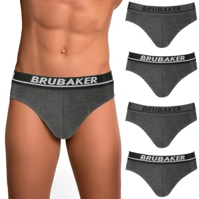 Image of BRUBAKER Men&#039;s Briefs 4 Pack Comfort Underpants with Elastic Waistband Stretch Unicoloured Underwear Made of Cotton and Elastane (Lycra®) Black Size L