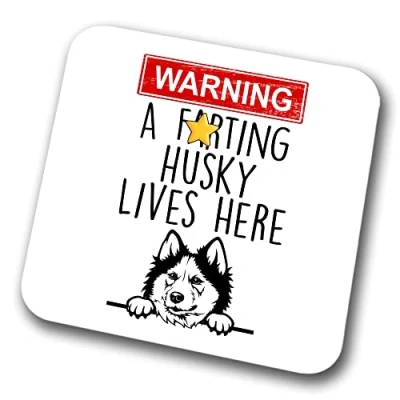 Image of Husky Warning A Lives Here Mum Dad Coaster Dog Friend Funny Gift for Birthday Christmas,