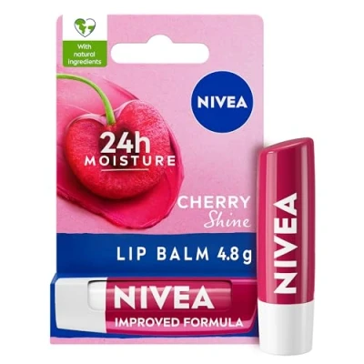 Image of NIVEA Cherry Shine Lip Balm (4.8g), Flavoured with Shea Butter, Natural Oils and Vitamins, Provides 24h Moisture a Soft Red Shine, Vegan Care Formula