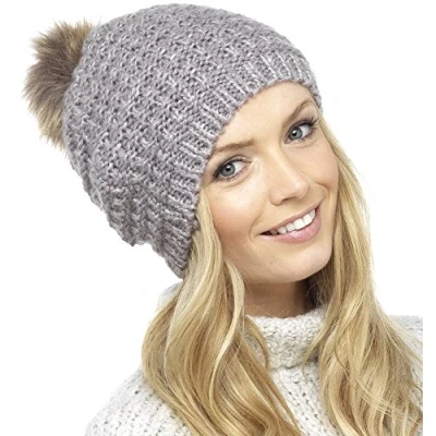 Image of Foxbury Ladies Knitted Slouch Beanie Bobble Hat with Faux Fur Pom One Size Lilac