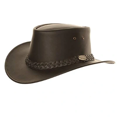 Image of Hawkins Headwear Australian Style 100% Genuine Leather Cowboy Bush Hat/Black or Brown/S M L XL (Large (59cms), Black)