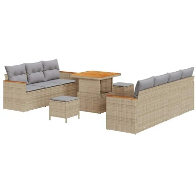 Image of vidaXL 10 Piece Garden Sofa Set with Cushions Beige Poly Rattan Acacia