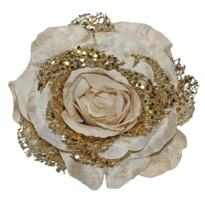 Image of Christmas Tree Decoration Clip on Rose Flower 14cm Fabric with Glitter Wedding (Gold 0384)