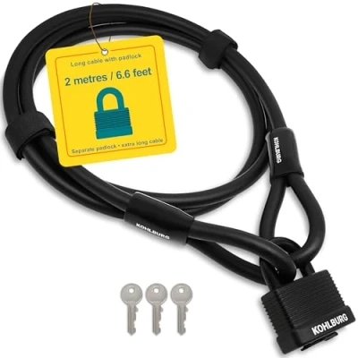 Image of KOHLBURG Cable Lock 2 Meters / 79 Long Steel m for Bicycle with Hook and Loop Fasteners 200 cm Garden Furniture &amp; as Bike Easy Locking Mechanism