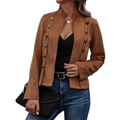 Image of PNZLZIA Women&#039;s Faux Leather Suede Open Front Jacket, Womens Cropped Blazer Jackets (Large,Brown)