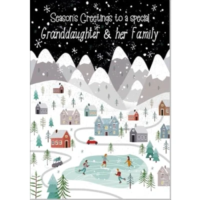 Image of doodlecards Granddaughter and Family Christmas Card Mountain Scene In Snowy Village Medium Size with Plain Envelope