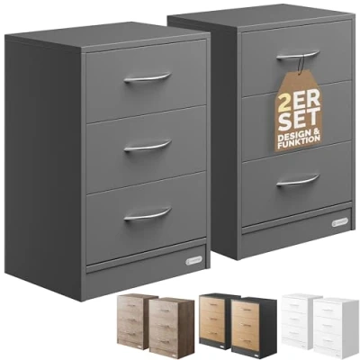 Image of CASARIA® 2x Eloise 3 Drawer Bedside Table Chest Of Drawers Cable Routing Hole Wall Mounting Option Bedroom Nightstand 54x39x28cm Anthracite Grey