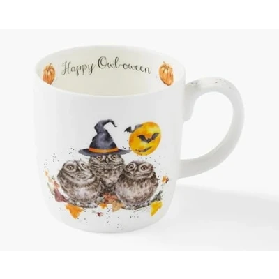 Image of Royal Worcester Wrendale Deigns Halloween 0.4 Litre Mug Owls Underneath a Pumpkin Moonlight Owl o ween