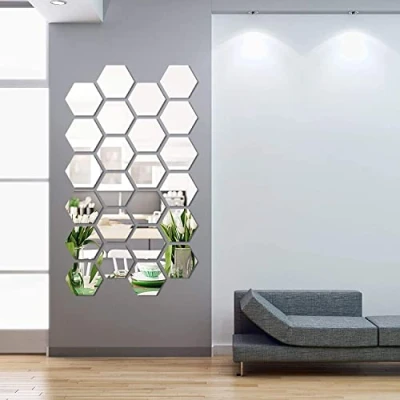 Image of 24 Pieces Removable Acrylic Mirror Setting Wall Sticker Decal for Home Living Room Bedroom Decor (Hexagon, Pieces)