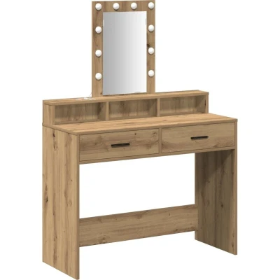 Image of vidaXL Artisan Oak Vanity Unit with Mirror &amp; LED Bedroom Makeup Desk 100 x 41 140 cm Brown Particle Board Dressing Table Elegant Dresser for Adults Indoor Use