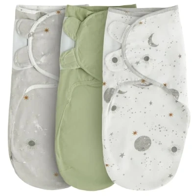Image of Silentnight Safe Nights Swaddle Wraps Pack of 3 Baby Clothing 0 Months Babies Wrap Hamper Newborn Essentials Items New Born Blanket Green, Grey and White Colours, Celestial Design