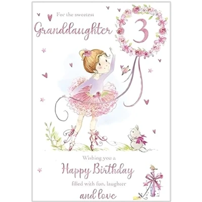 Image of Granddaughter 3rd Birthday Card Age 3 Ballerina Girl and Flowers Special Finishes Made in the UK