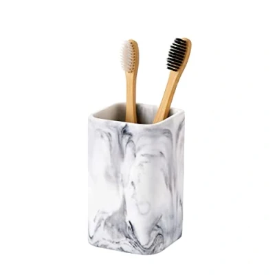 Image of Toothbrush Holder, Marble Look Resin Toothpaste Makeup Brushes Razors Holder Vanity Bathroom Countertop Organizer Accessories Tumbler Stand, Cup Small, White