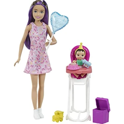Image of Barbie Skipper Babysitters Inc. Playset with Babysitter Doll (Curly Brunette Hair), Stroller, Baby &amp; 5 Accessories, Toy for 3 Year Olds Up