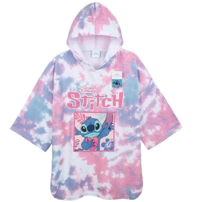 Image of Disney Stitch Bath Towel with Hood for Kids &amp; Teenagers Absorbent Changing Robe Poncho Swimming Shower Beach Holiday Essentials (Pink/Blue Stitch, 10 13 Years)