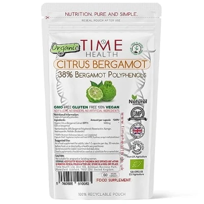 Image of Organic Citrus Bergamot Extract 60 Capsules High Strength 38% Polyphenols 500mg Clinically Studied BPF® UK Made Supplement Zero Additives GMP Standards Vegan