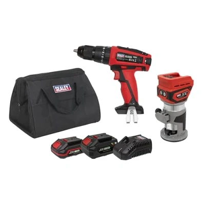 Image of Sealey 2 x 20V SV20 Series Cordless Router &amp; Combi Drill Kit Batteries