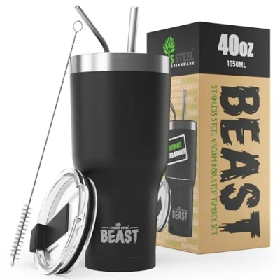 Image of Beast Tumbler 1050 ml (40 oz), Matte Black Reusable Stainless Steel, Vacuum Insulated Cup with + 2 Straws &amp; Cleaning Brush Double Wall Travel Flask Perfect for Hot or Iced Coffee BPA Free