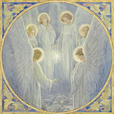 Image of Pack of 8 Charity Christmas Cards (ALM ALCX0486) Angels Gathered Around a Star Stunning Religious from The Almanac Gallery Sold in Aid Marie Curie