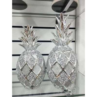 Image of DEENZ Xl Silver Set Of 2 Pineapples Sparkle Bling Ornament Crushed Diamond Shelves Display Home Decor