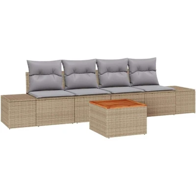 Image of vidaXL 5 Piece Garden Sofa Set with Cushions Beige Poly Rattan Acacia