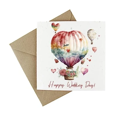 Image of Plantable Wedding Day Card Eco Friendly Wildflower Seeded Greeting Celebration Heart Hot Air Balloon