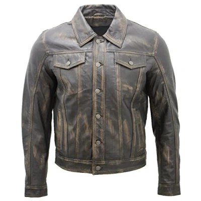 Image of Men&#039;s Trucker Slim Fit Casual Vintage Black Leather Shirt Jeans Jacket 3XL