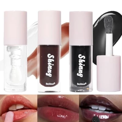 Image of LuckNest Translucent Black Lip Gloss, Clear/Black Cherry/Black Sugar Oil, Plumping Hydrating Mirror Highlight Gloss Moisturizing Long Lasting &amp; Non Sticky Vegan Makeup